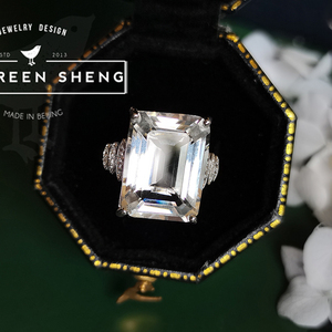 碧笙珠宝大颗天然白水晶戒指水晶之王祖母绿切割 925银镀白金戒指