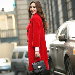 冬季欧洲站新款直羊毛皮毛一体大衣女中长款简约红色真皮皮草外套