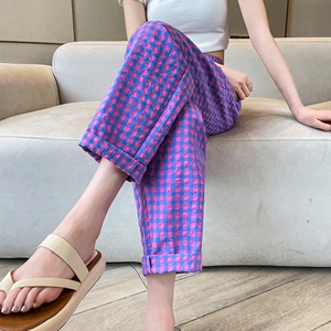 高腰紫色格子裤女夏季薄款窄版宽松直筒显瘦小个子九分休闲阔腿裤