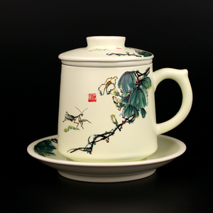 景德镇陶瓷茶具 茶杯 带盖 过滤四件套杯子 齐白石国画礼品办公杯