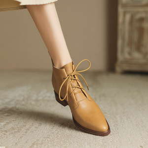 [还素]韩系小踝靴平底内增高真皮短靴女黄色软皮靴系带尖头马丁靴