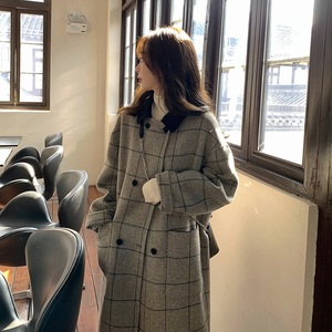 韩国格子双排扣双面羊绒大衣女中长款高级感撞色复古全羊毛呢外套