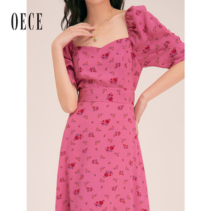Oece高级感碎花裙春夏新款女装小众设计裙子中长气质连衣裙红