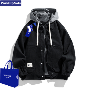 WASSUP假两件外套男秋冬季潮牌撞色工装休闲宽松加绒加厚连帽夹克
