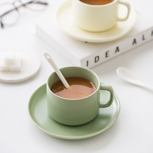 北欧哑光陶瓷咖啡杯碟套装 抹茶色花茶杯家用餐具咖啡器具小清新