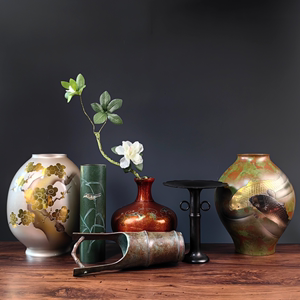 日本高岗回流铜花瓶日式禅意插花道花器中式复古客厅摆件包邮3C