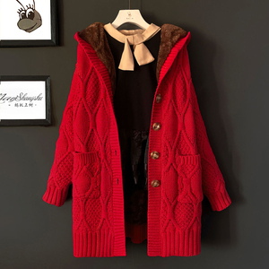 新年毛衣红色棒针粗线外套女加绒加厚宽松显瘦连帽口袋菱形长款冬