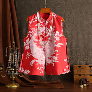 中国风马甲春季复古唐装外套高级重工凤凰绣花粉黄红女士旗袍上衣