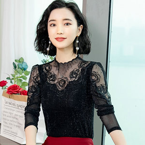 蕾丝衫女士打底衫女2024新款秋装长袖修身亮丝网纱薄款内搭上衣潮