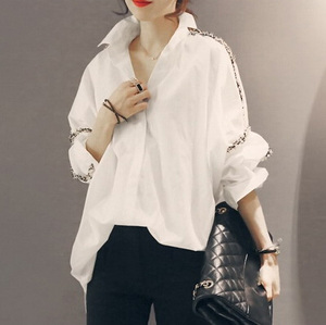 韩国蝙蝠袖白色衬衫女中长款宽松大码个性春秋季长袖衬衣女士上衣