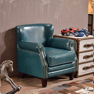 美式真皮沙发椅复古单人沙发老虎椅小户型客厅单人椅蓝色復古梳化