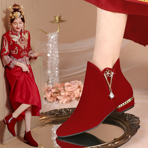 平底婚鞋冬季女短靴秀禾婚纱两穿新娘鞋中式结婚红色加绒冬天红鞋