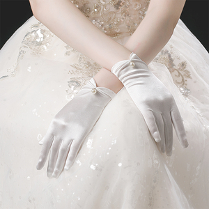 丝绸手套新娘韩式短款珍珠手套结婚白色迎宾唯美手套婚纱配饰优雅