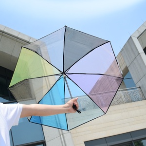 网红少女塑料透明雨伞小清新折叠三折伞全自动小众学生成人彩虹伞