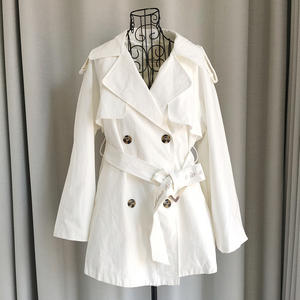 白色系带短款风衣女装春秋拼接长袖双排扣外套特价紫淑X2BC91C03