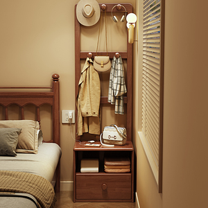 实木床头柜挂衣架一体卧室家用落地衣帽架床边收纳柜小户型置物架