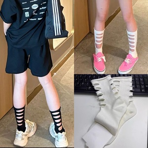 儿童春夏新款破洞镂空中筒袜子时尚男女童割破潮飒个性洋气堆堆袜