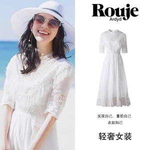 高圆圆明星同款夏季新v领白色长款蕾丝高级连衣超仙甜美高定长裙