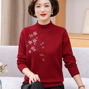 中年妈妈高档羊毛衫女装秋冬季新款红色毛衣针织加厚半高领打底衫