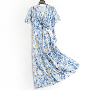 蓝色碎花印花裙打褶显瘦修身V领气质淑女裙短袖雪纺裙连衣裙A897