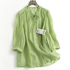 绿色宽松显瘦压褶花边领系带单排扣九分袖减龄百搭女衬衫衬衣A822