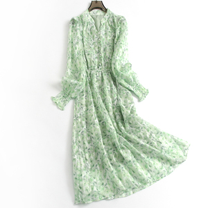 绿色印花松紧收腰显瘦修身V领荷叶花边长袖气质淑女裙连衣裙A200