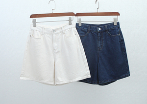 出口韩国原单新款宽松版型牛仔短裤蓝色米白