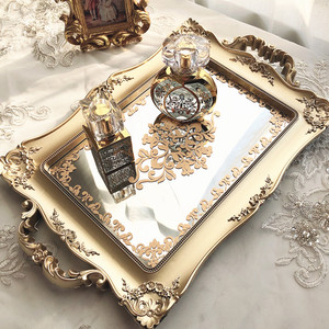 欧式复古维多利亚风格怀旧金色镜面托盘香水首饰收纳盘摄影道具