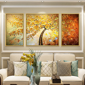 客厅玄关装饰画三拼发财树油画抽象现代简约餐厅手绘欧美壁画