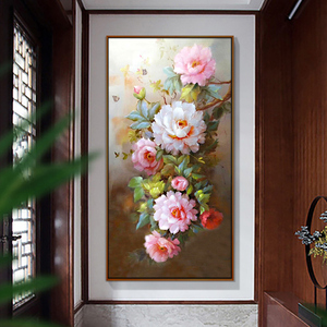 新中式玄关装饰画入户走廊纯手绘油画立体牡丹花客厅竖版书房挂画