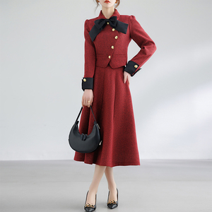 红色小香风套装女秋冬新款气质名媛高级感毛呢外套半身裙子两件套