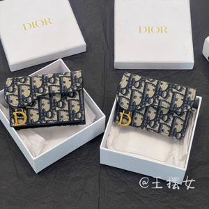 【王摆女】Dior迪奥经典老花刺绣logo 翻盖卡包卡夹 短钱包牛仔蓝