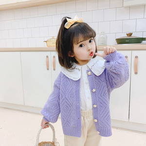 女童开衫外套2023新款镂空紫色儿童毛衣薄款针织春秋款中小童洋气