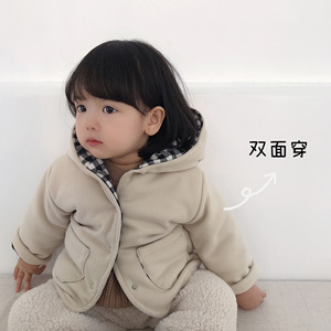 【icolababy】秋冬韩系 男女婴童灯芯绒格子两面穿 加厚连帽棉衣