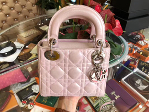 二手奢侈品正品 女包Dior Lady Mini迪奥珠光粉单肩手提包戴妃包