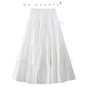 白色长裙半身裙女春季2024年新款系带设计感a字裙中长款裙子高腰