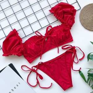 特价红色小胸系绳抹胸短袖网红女比基尼泳衣泳装显瘦分体性感沙滩