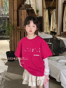 波拉韩国童装2024夏季儿童字母假两件网纱拼接防晒T恤男女童上衣
