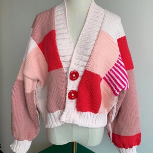 纯手工棒针编织网红粉红色格子开衫女士毛衣外套成品礼物仅一件