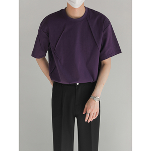 ZPZ设计感夏季上衣韩国宽松休闲短袖T恤男潮牌褶皱圆领半袖体恤衫