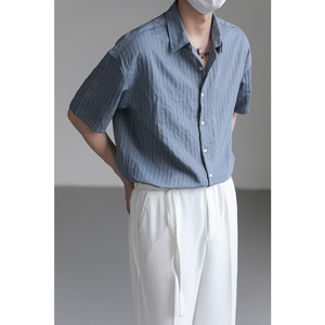 ZPZ轻奢高级感短袖衬衫 男夏季半袖上衣韩国潮流宽松纯色条纹衬衣