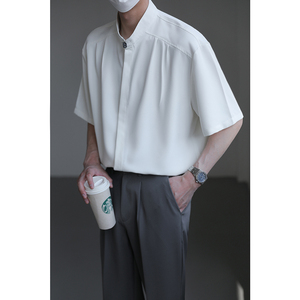 ZPZ高级垂感新中式立领短袖衬衫 男夏季半袖上衣潮流纯色免烫衬衣