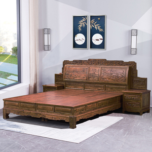 新中式实木床组合双人雕花大床1.8米山水储物榆木床榆木仿古婚床