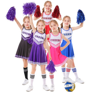 欧美儿童啦啦队服装休闲条纹幼儿园团体操比赛运动手花球背心裙子