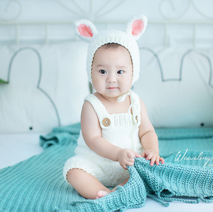 妮妮家秋冬宝宝婴儿兔耳朵帽子百天拍照服装手工编织毛线帽裤套装