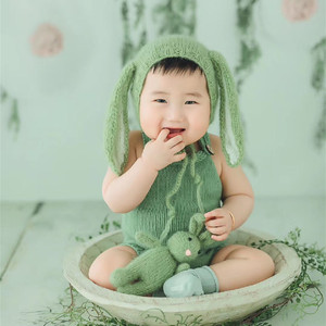 妮妮家手工编织婴儿毛线帽服装百天拍照道具兔子造型宝宝帽