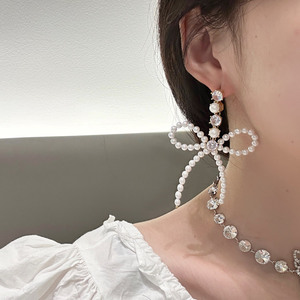 爆2/20韩国轻奢设计师珍珠蝴蝶结耳环长串锆石耳钉气质耳饰E1592