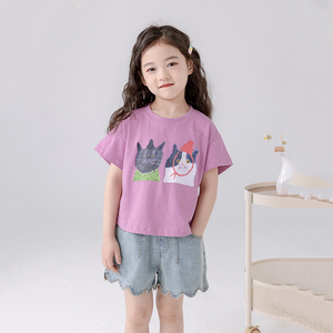 哈依鲁女童夏季纯棉时尚短袖T恤儿童中大童学生粉色宽松时尚上衣