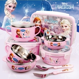 韩国进口迪士尼冰雪奇缘小学生饭盒四格分格不锈钢饭盒儿童碗水杯
