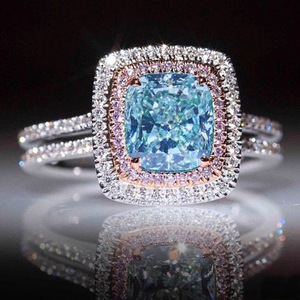 kaivywish热卖新款粉色水晶方钻石公主戒指 女镶嵌蓝色托帕石饰品